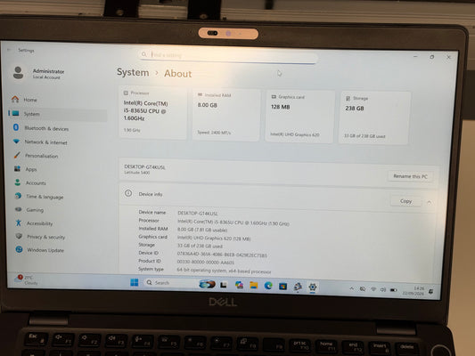 Refurbished Dell Latitude 5400 Laptop - Intel Core i5 8365U, 8GB RAM, 256GB SSD (Reserved)