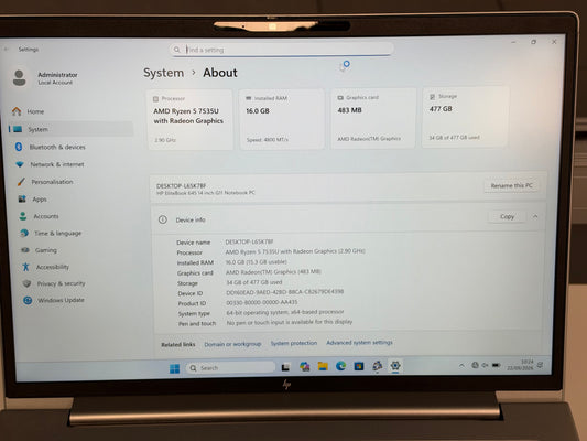 Refurbished HP EliteBook 645 G11 Laptop - AMD Ryzen 5 7535U, 16GB RAM, 512GB SSD