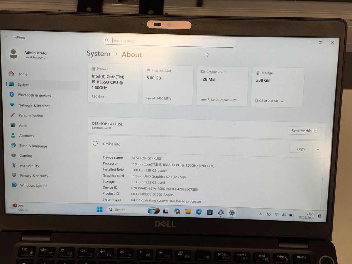 Refurbished Dell Latitude 5400 Laptop - Intel Core i5 8365U, 8GB RAM, 256GB SSD (Reserved)